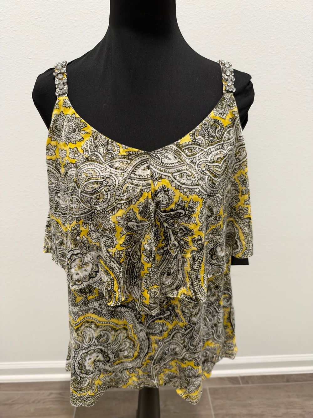 GLO jeans Yellow and Black Paisley Strapless Dress with Crystal Straps